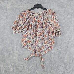 Body Central Womens Large Paisley Floral Tie Front Blouse Puff Sleeve Top 5828G2